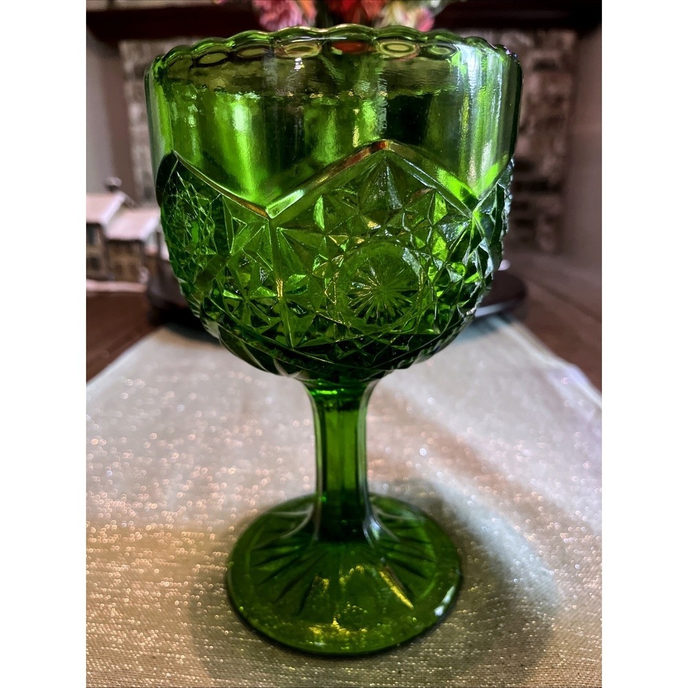 Vtg Emerald Green Large Compote Kanawha Hobstar Diamond 8" **Glows**-Excellent!